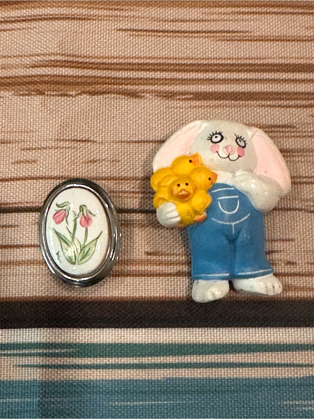 Vintage Brooch Set Bunny Figurine Holding Yellow Chicks - floral pin
